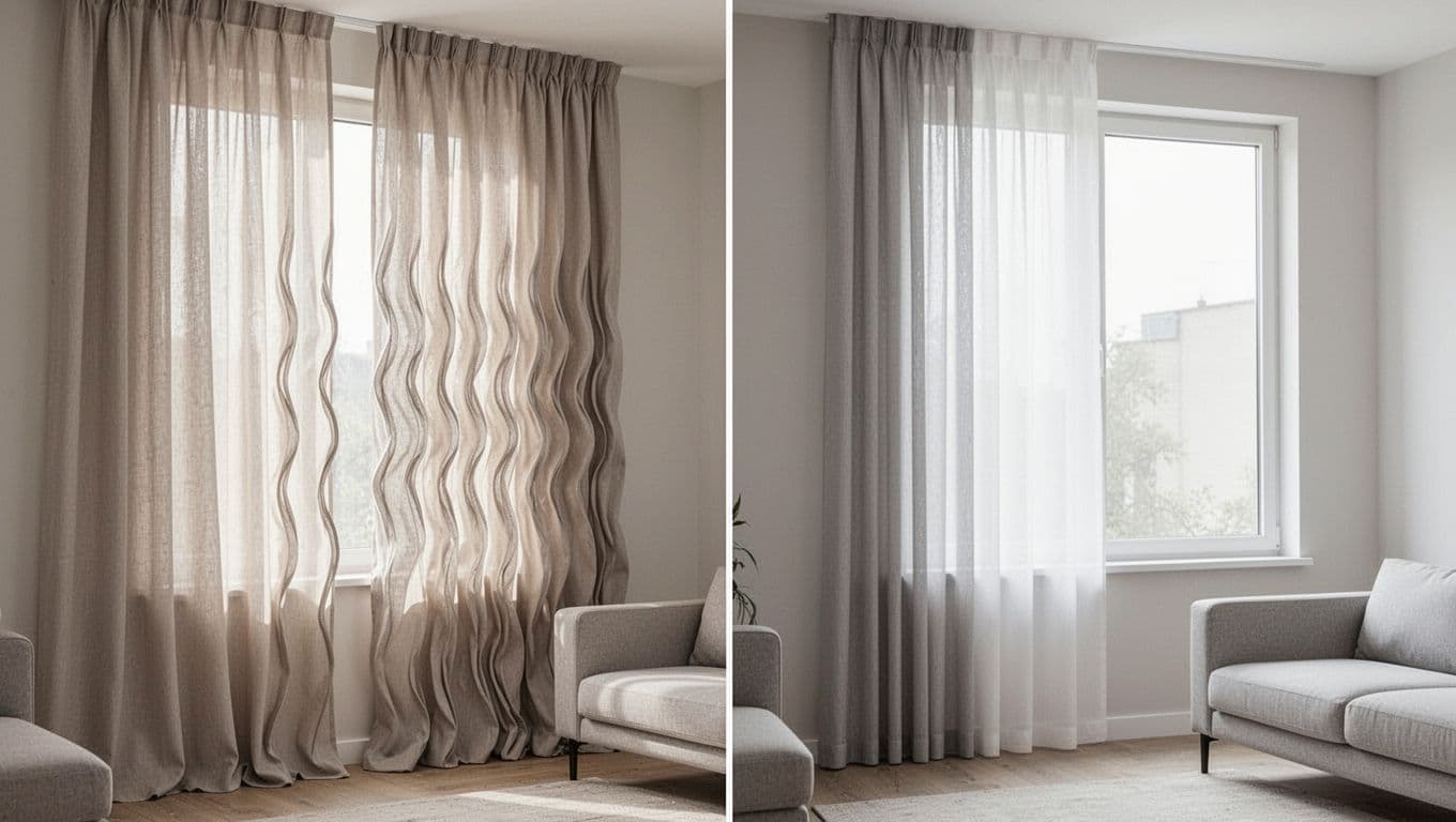 訂製窗簾想簡約?避開俗氣褶子的實用訣竅 Side-angle view of a modern living room comparing two window curtains: one with excessive dense pleats creating a wavy, outdated effect, and the other with minimal pleats for sleek, crisp vertical lines. Realistic photography with focus on fabric details, neutral background, and soft daylight.