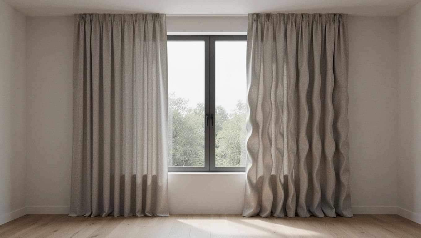 訂製窗簾想簡約?避開俗氣褶子的實用訣竅 Minimalist modern living room window with two side-by-side curtain panels comparing medium 1.5x pleats (clean vertical lines) on the left and high 2.5x fullness pleats (puffy and wavy) on the right. Realistic photography style with soft natural daylight, high detail on fabric folds and shadows, neutral walls, no people or objects.
