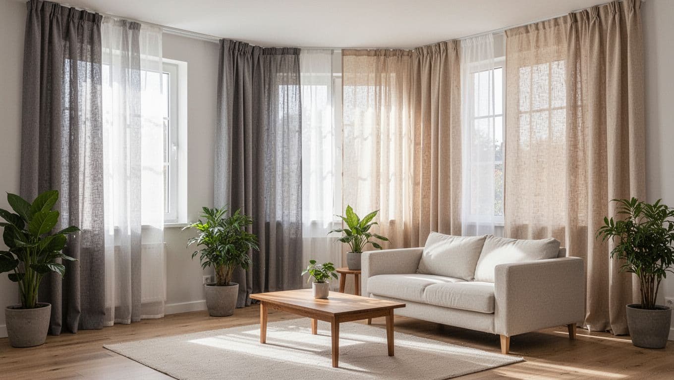 訂製窗簾高級感滿分:預算分配黃金比例 Photorealistic modern living room interior featuring minimalist gray curtains, Japanese-style sheer linen panels, and Nordic cozy wool drapes in beige tones. Sunlight highlights fabric textures in an empty room with simple furniture, creating an airy and inviting atmosphere.