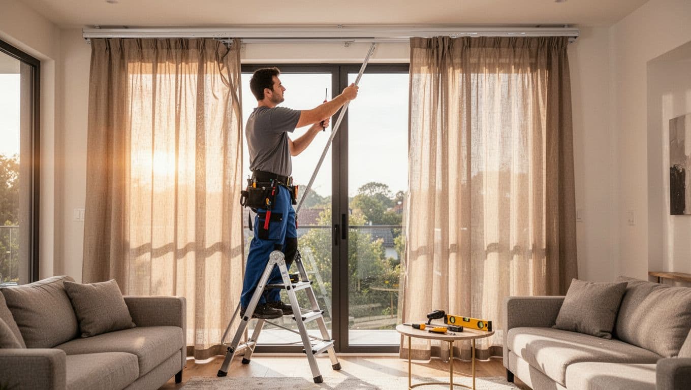 窗簾只換軌道不換布可以嗎?費用優缺點與限制全解析 Bright modern living room with an installer on a short ladder swiftly installing a sleek aluminum curtain track during daytime, old curtains rehung smoothly with minimal tools nearby.