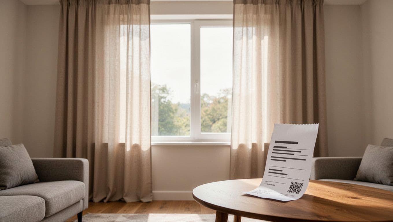 訂製窗簾付款要不要分期?常見流程與判斷要點 Photorealistic image of a plain rectangular window in a modern living room with perfectly installed neutral curtains and a nearby table showing an abstract payment receipt. Bright natural light creates a warm, cozy, low-risk atmosphere with clean composition and no clutter.