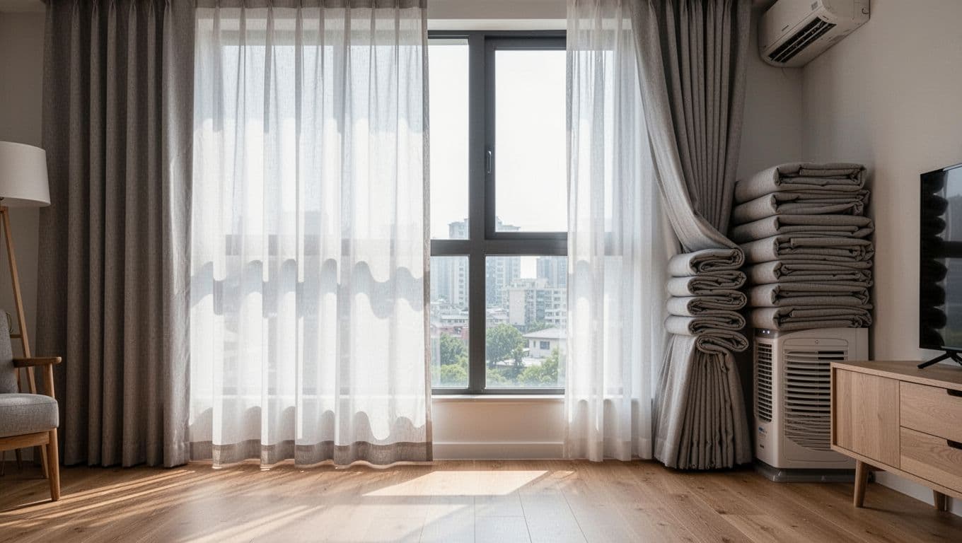 窗簾褶子越多越貴嗎?褶比如何影響視覺與用布 Realistic photo of a single window in a minimalist modern living room showing curtains half fully extended with even pleats on the left and half stacked on the right near furniture, emphasizing stack thickness impact on light and space with natural daylight on wooden floors.