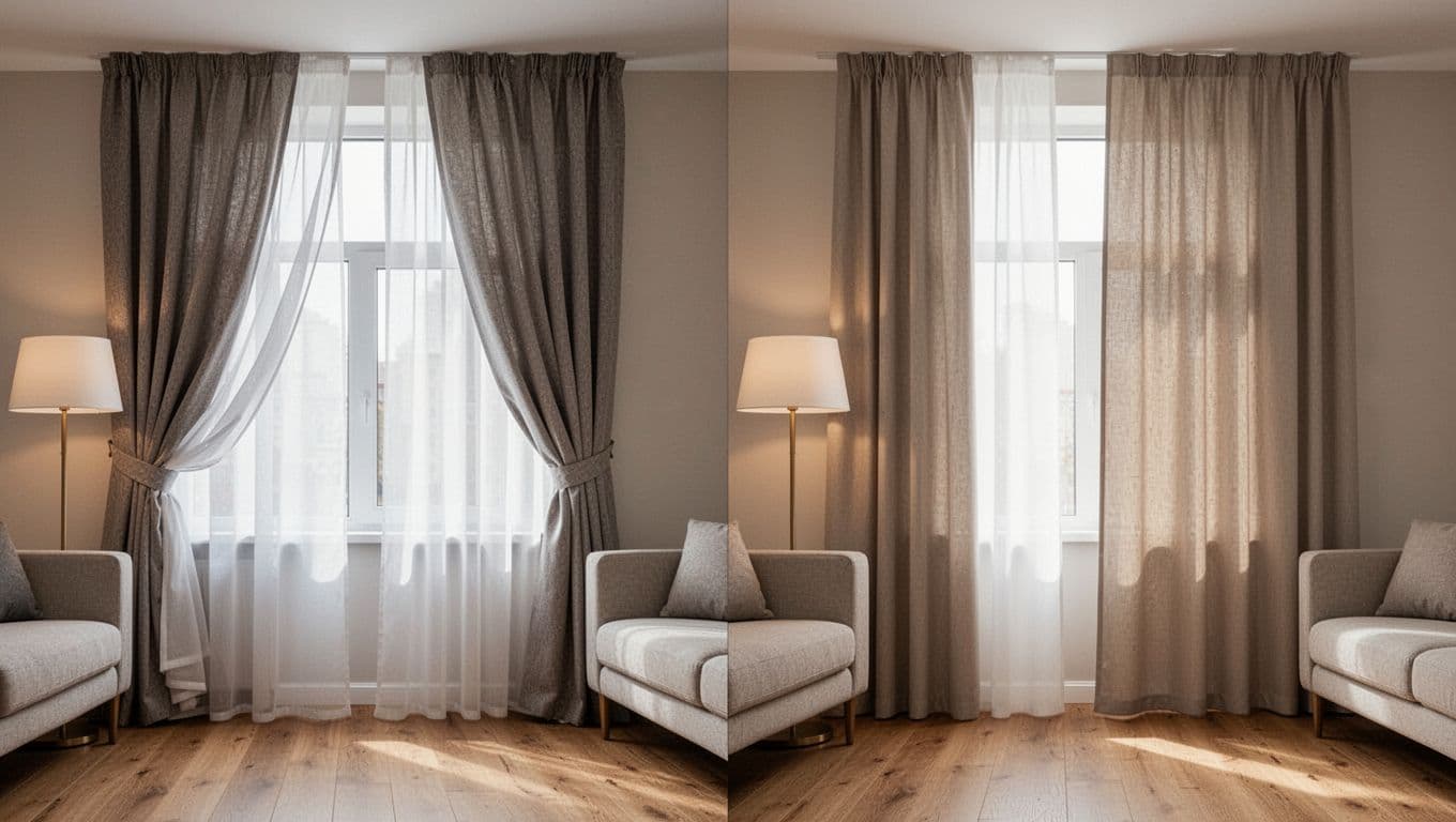 訂製窗簾不同房間要花多少?客廳臥室書房估算全指南 Split-view realistic photo of modern living room windows: left shows double-layer curtains with thick outer fabric over sheer inner layer partially drawn, right shows single-layer minimalist straight-drop curtain, both with neutral sofa, floor lamp, wooden floor, and soft daylight.