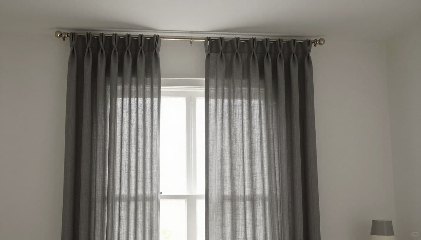 訂製窗簾不同房間要花多少?客廳臥室書房估算全指南 Realistic photo scene of a standard window in a modern living room featuring double-layer sheer and blackout curtains, half-drawn thick curtain, hidden ceiling tracks, Roman rod on side window, weighted hems, ties, soft daylight, high detail, no people or text.