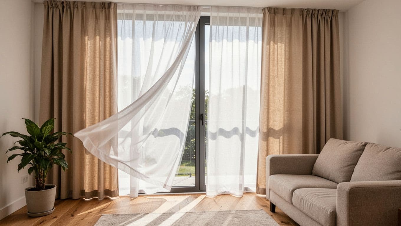 訂製窗簾想控制預算,先決定這 3 件事 A serene modern living room in daytime featuring large floor-to-ceiling windows with outer sheer white gauze and inner beige blackout curtains partially drawn. Neutral sofa, wooden floor, and one potted plant, captured in realistic photography with warm natural light and high fabric detail.