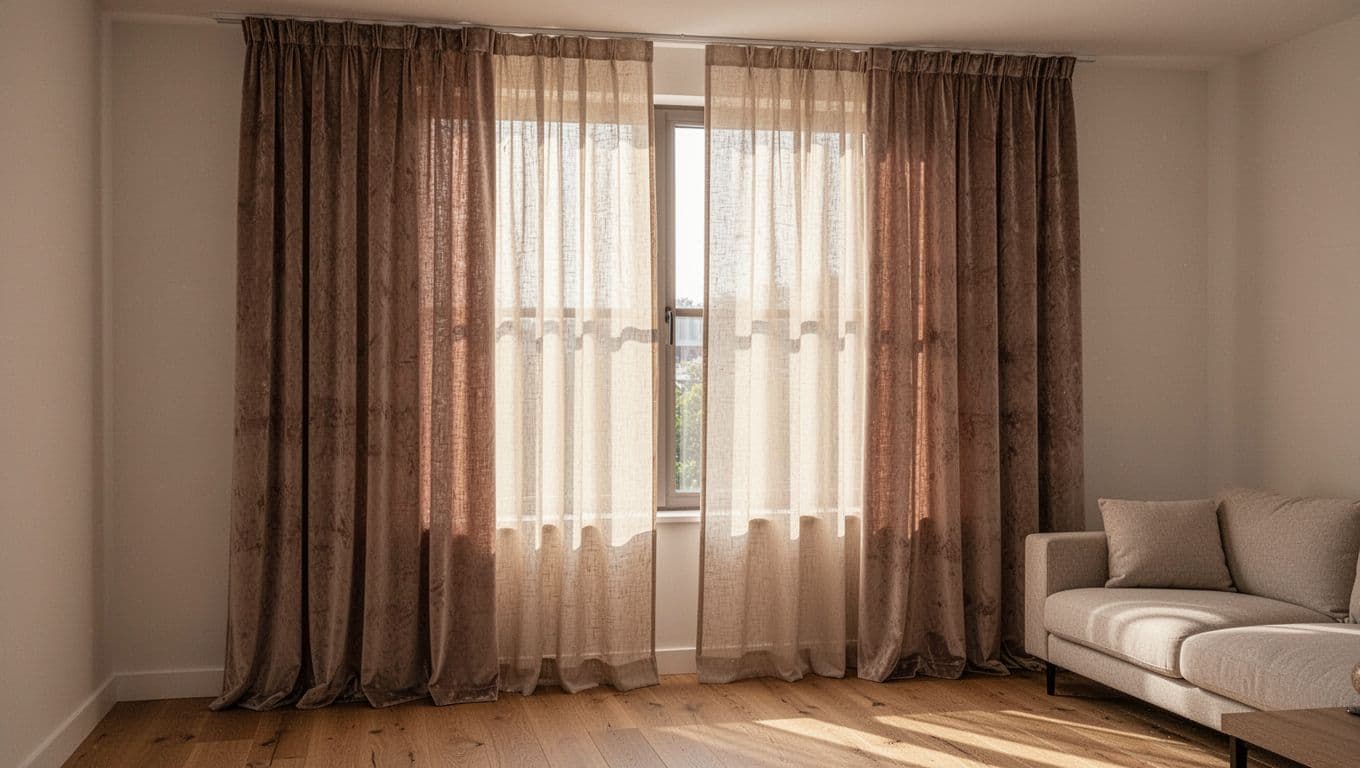 訂製窗簾高級感滿分:預算分配黃金比例 Photorealistic modern living room window featuring sheer inner beige linen curtains filtering sunlight and thick outer taupe velvet curtains pulled halfway open with elegant box pleats.