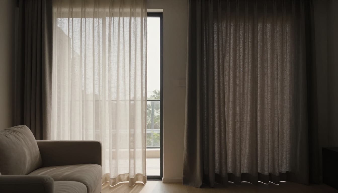 A modern living room with two side-by-side floor-to-ceiling windows during daytime: left with thin curtain allowing bright sunlight, right with thick curtain blocking light for dim privacy. Cozy sofa and simple decor in warm neutral tones, high-detail realistic photography.