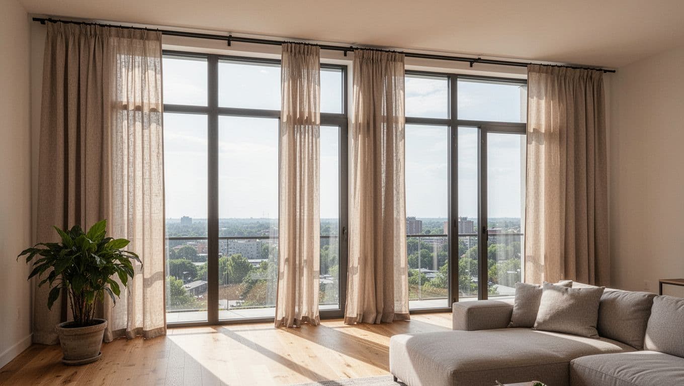 A modern living room features extra-large floor-to-ceiling windows with long horizontal curtain tracks and thick beige curtains partially open, flooding the space with warm sunlight. Light hardwood floors, simple sofa, and potted plant in realistic bright daylight photography.