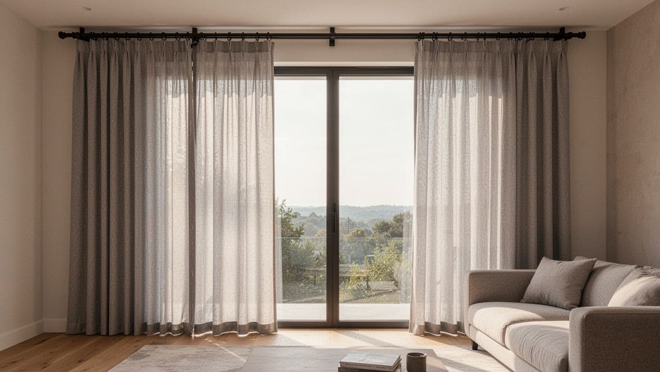 訂製窗簾加價項目表:常見4大類一次清單掌握 Realistic high-detail photograph of a modern living room featuring extra-large floor-to-ceiling windows with custom split light gray curtains on heavy-duty tracks, bathed in warm natural daylight.
