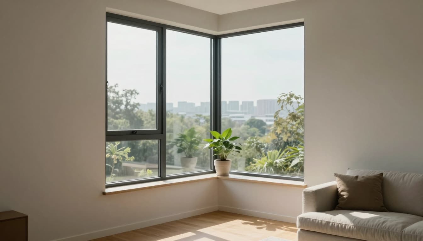 特殊窗型訂製窗簾會貴多少?轉角窗、弧形窗費用解析 A modern living room interior featuring a prominent L-shaped corner window wrapping around the corner, flooding the space with natural light onto wooden floors and a cozy sofa. Exactly one potted plant sits on the windowsill in a clean, minimalist style with photorealistic details.