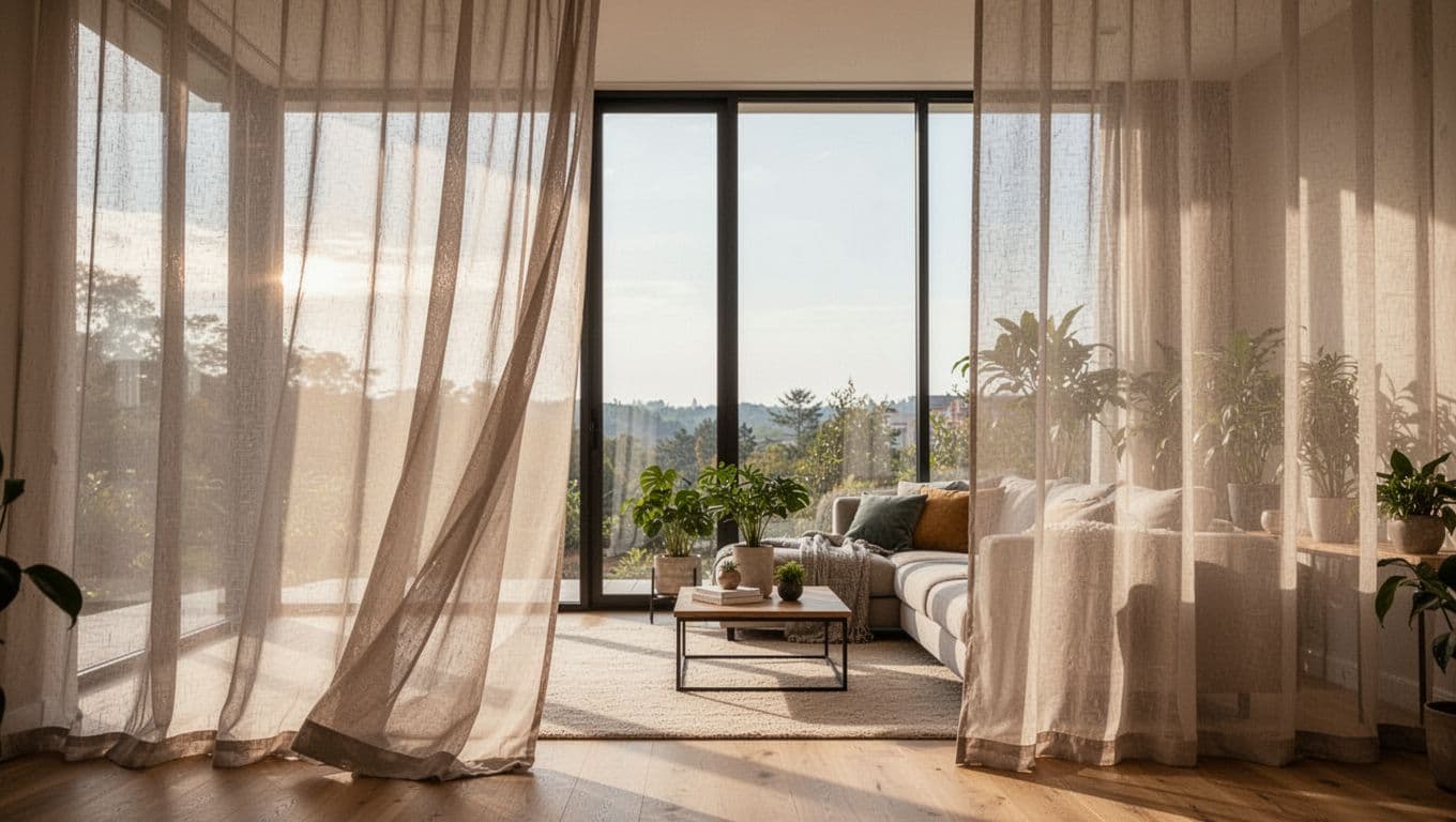 Photorealistic daytime scene of an empty modern living room with large floor-to-ceiling windows, soft diffused light filtering through semi-transparent partially drawn curtains, cozy sofa and plants in the background.