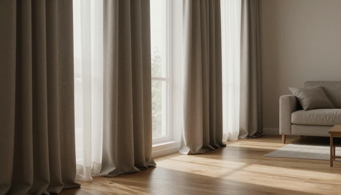 訂製窗簾不想花冤枉錢,報價前要先準備什麼 A photorealistic modern living room features thick fabric curtains in neutral tones on a large window, partially drawn to filter soft sunlight onto a warm wooden floor with a comfortable sofa and simple furniture in the background, creating a cozy atmosphere with no people present.