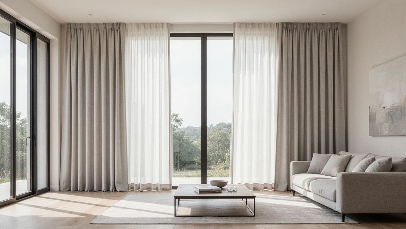 A spacious modern living room with floor-to-ceiling windows featuring custom curtains with symmetrical pleats, straight lines, and weighted hems. Soft sunlight highlights the crisp folds and fabric texture amid minimalist furniture.