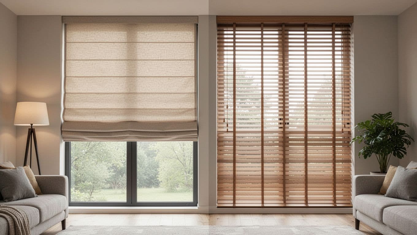 大面窗訂製窗簾怎麼估價?先抓寬高面積數字 Photorealistic modern living room with split floor-to-ceiling window: left half elegant beige Roman shade lowered halfway, right half classic wooden Venetian blinds tilted open, cozy interior with sofa, lamp, plant, soft daylight.