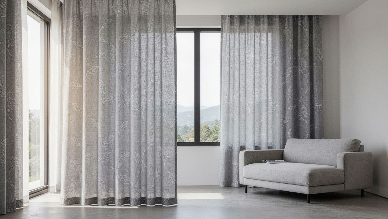 訂製窗簾加價項目表:常見4大類一次清單掌握 Modern living room with floor-to-ceiling window featuring wide custom light gray patterned curtains that drape softly without visible seams, natural light filtering from sides, simple sofa in background, high-detail interior photography.