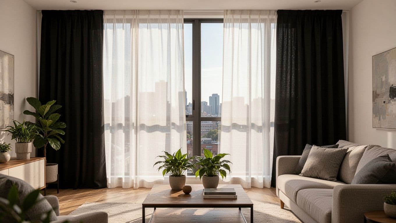 Photorealistic daytime scene of a bright modern living room with large windows featuring partially drawn sheer voile curtains diffusing soft sunlight and adjacent thick blackout curtains, including foreground sofa, coffee table with plants, and subtle city view background.