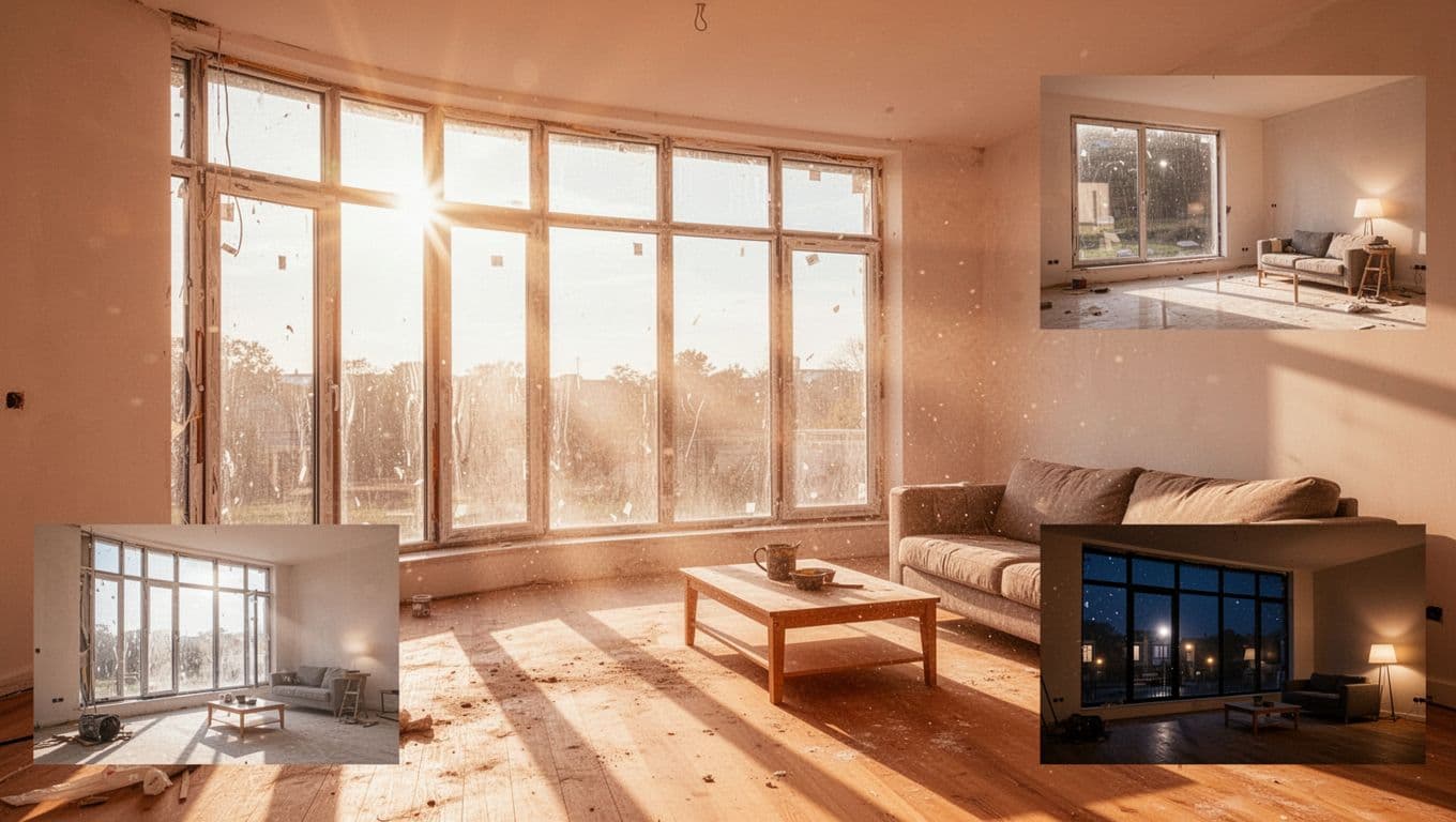 Photorealistic scene of a modern living room right after renovation but before curtain installation: large west-facing floor-to-ceiling windows letting in harsh afternoon sunlight, creating bright hot glare on wooden floors and white walls, faint dust motes visible in sunbeams from construction residue, small inset corner showing night-time view with indoor lamp light reflecting off bare glass revealing interior to outsiders, empty room with sofa and coffee table, warm orange tones dominant.