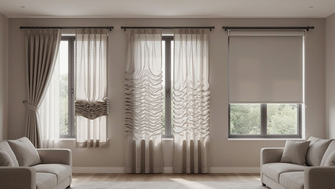 Photorealistic modern living room with three side-by-side windows showcasing different curtains: pleated fabric on left, ripple fold in middle, roller blinds on right. Details include stacking spaces, fabric textures, and light filtering in a cozy, clean interior with beige furniture and natural daylight.