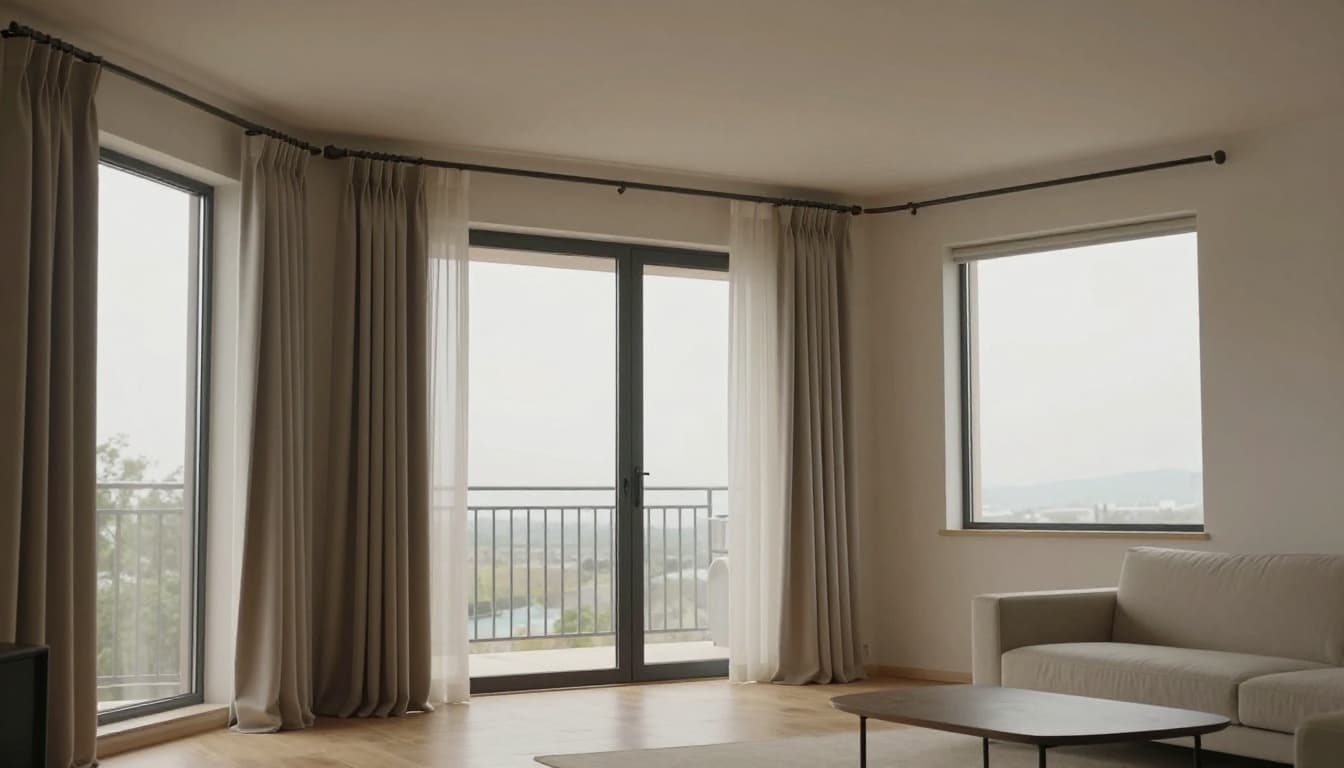 訂製窗簾不同房間要花多少?客廳臥室書房估算全指南 Modern spacious living room featuring three large window types: floor-to-ceiling window with straight curtains, balcony sliding door with panel curtains, and L-shaped corner window with bent track curtains. Soft natural daylight filters in, minimalist furniture, wooden floor, high ceilings, warm cozy mood, no people, sharp focus on curtain details.