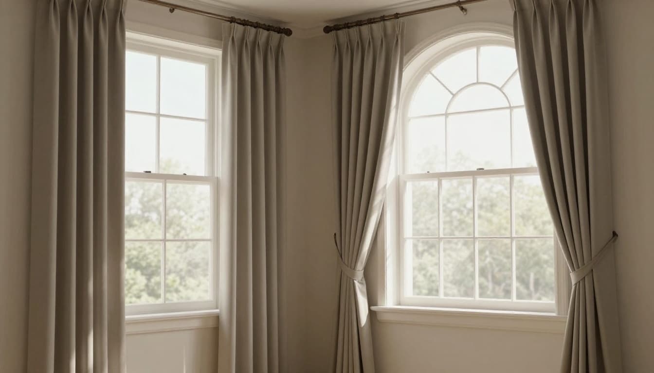 Photorealistic image of a modern living room featuring three window types with custom curtain variations: a simple rectangular window with plain single-layer curtains, an arched bay window with multi-layer pleated flowing curtains, and a standard square window with basic panels. Sunlight filters through, casting soft shadows on high-detail folds and shapes in warm natural lighting.