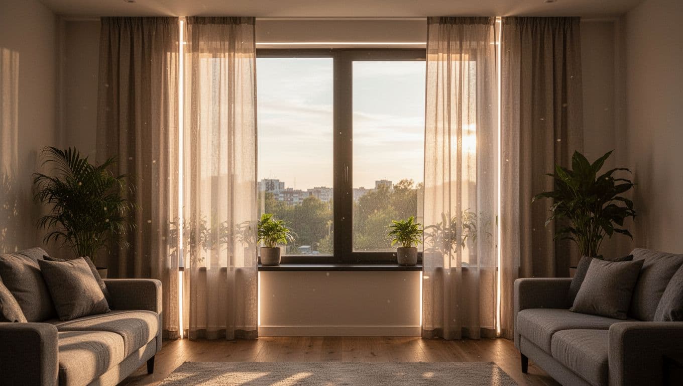 Afternoon sunlight streams into a modern living room through a west-facing window with sheer curtains partially drawn, highlighting light gaps at the sides and top, glare on floor and furniture, with realistic details on fabric, sill, and plants.