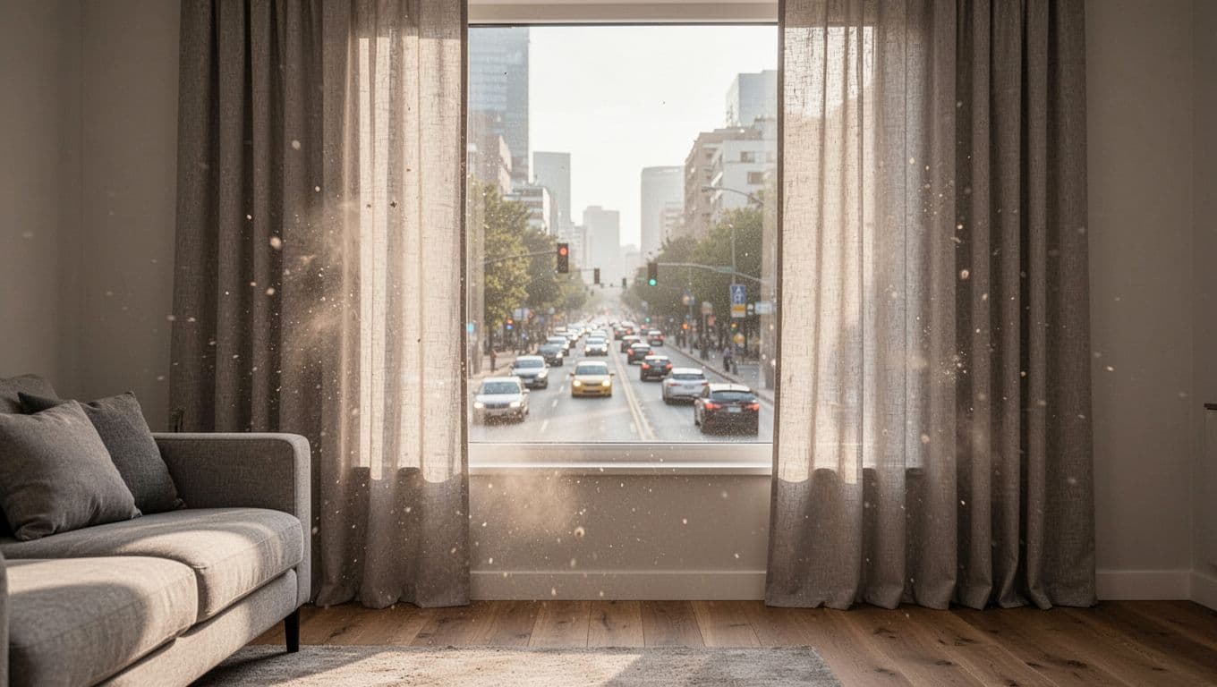 Photorealistic landscape of a modern living room window near a busy street, with mid-light gray-beige curtains showing minimal dust, soft morning sunlight filtering through, cozy sofa and wooden floor in background.