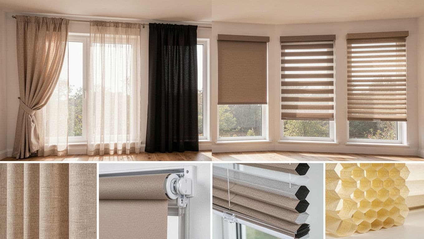 訂製窗簾加價項目表:常見4大類一次清單掌握 Bright modern living room interior showcasing six custom window treatments side by side on large windows: traditional drapery curtains, sheer curtains, blackout curtains, roller blind, zebra blinds, and honeycomb cellular shades. Realistic high-detail photography with warm daylight, neutral decor, and close-up material textures.