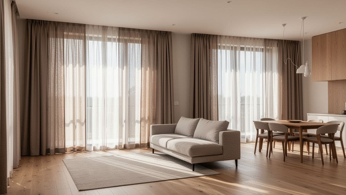 Spacious empty modern living room and dining area with floor-to-ceiling windows featuring layered sheer and blackout curtains in warm neutral tones, soft natural daylight, high-detail realistic photography.