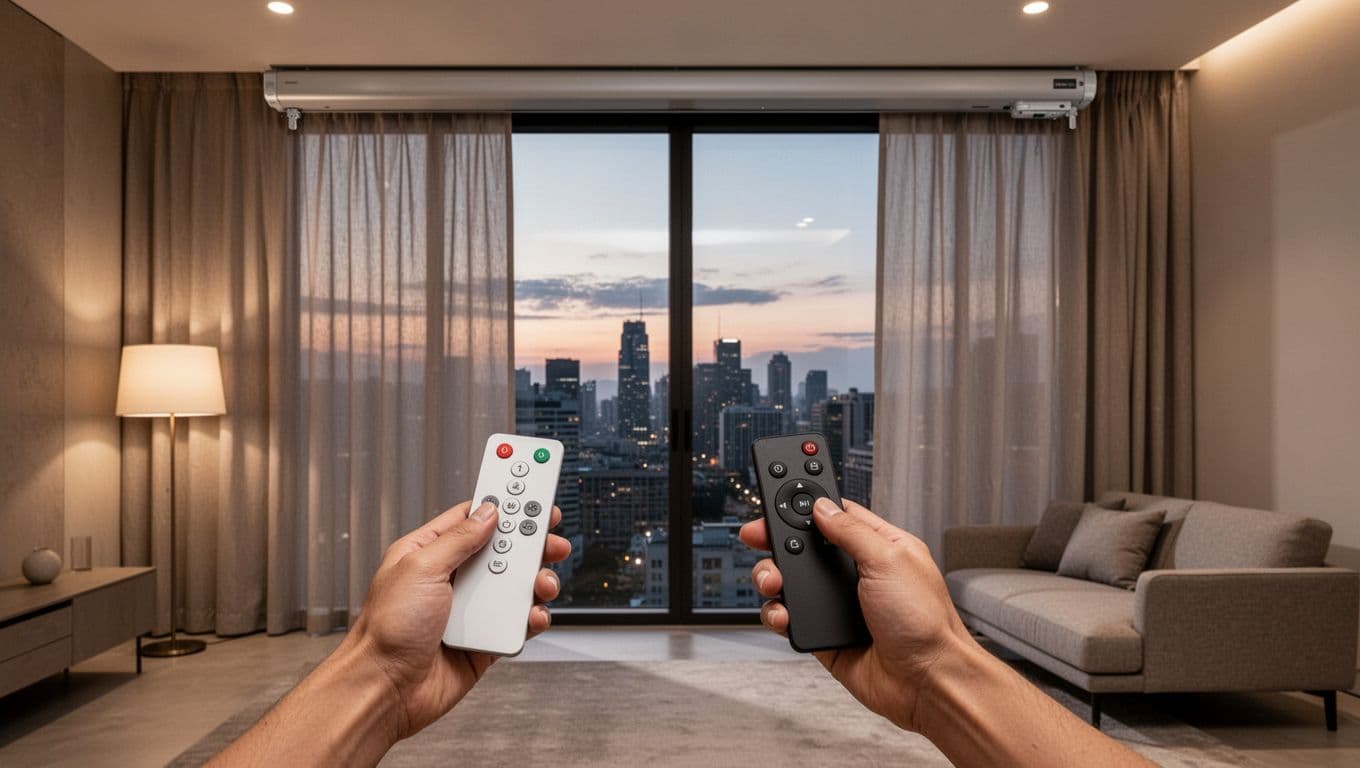 訂製窗簾一定要花錢的3大地方:布料、五金、安裝全解析 Modern motorized curtain system on a large floor-to-ceiling window in a contemporary living room, activated by remote control to smoothly part midway and reveal a city view.