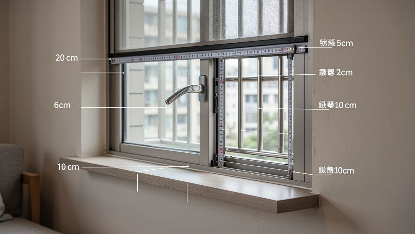Photorealistic close-up from inside a living room of a modern window featuring a protruding handle, sliding screen track, metal security grille, and deep sill, with subtle measurement lines indicating depths from obstacles to the wall.