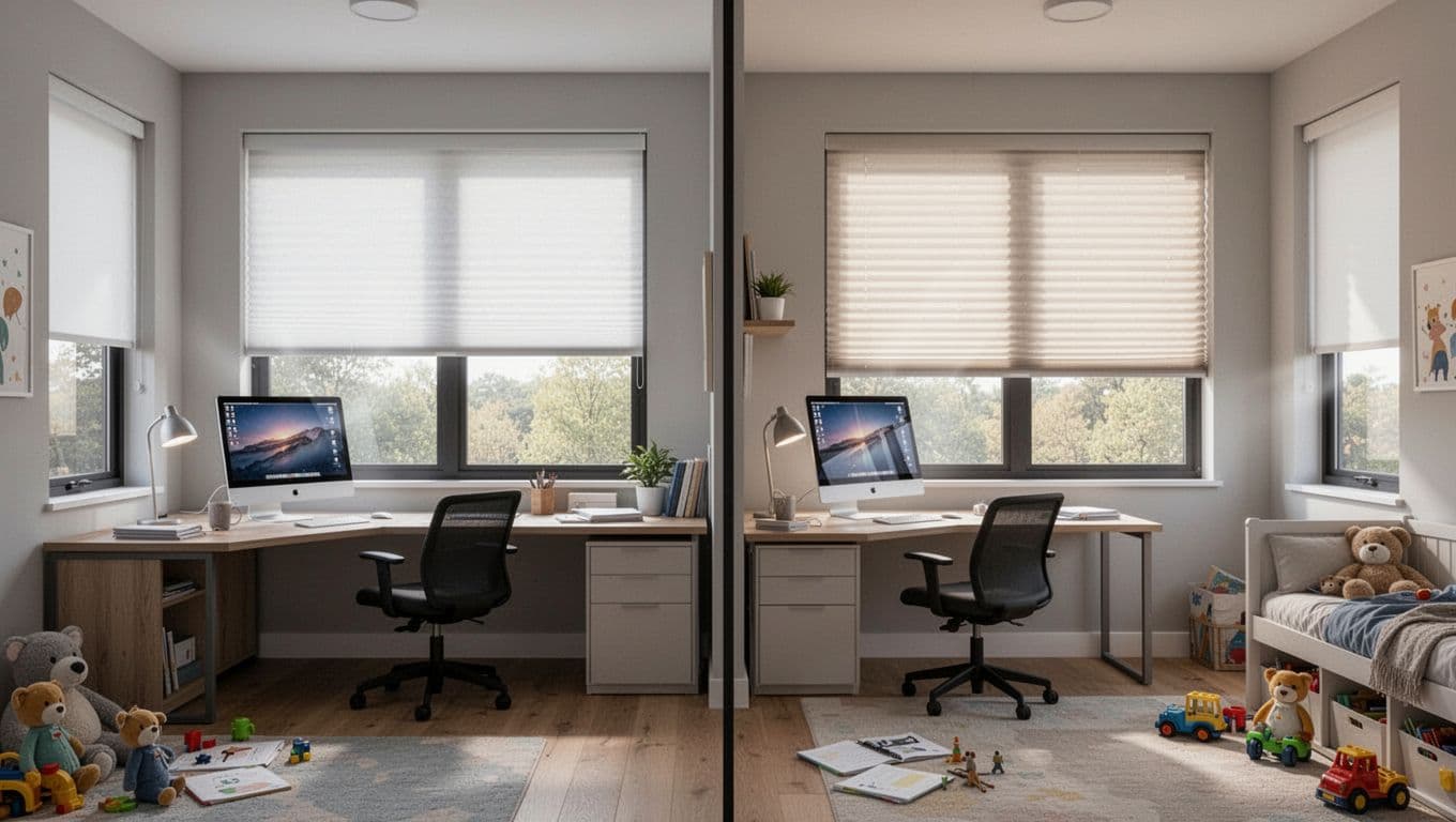 Empty modern home study room and children's room side by side, featuring desks, chairs, and angled computer screens protected from side window glare by adjustable roller shades or honeycomb blinds, highlighting natural light control for work and homework.