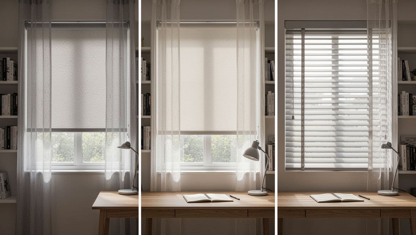 訂製窗簾不同房間要花多少?客廳臥室書房估算全指南 Split-view realistic photo of a modern study room window with three curtain types side by side: left side dimming roller curtain partially lowered with smooth fabric texture, center roller blind fully rolled up showing clean lines, right venetian blinds tilted to control light precisely, all above a simple wooden desk with notebook and lamp, soft natural daylight filtering through, bookshelves behind, neutral walls, high detail on mechanisms and light diffusion, no people, exactly one desk with two items (notebook and lamp), no extra objects or hands, clean composition, landscape aspect ratio, no text or watermarks.