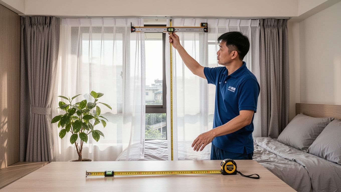 A skilled installer uses a spirit level and tape measure to check track alignment, height consistency, and smooth operation of newly installed custom curtains in a bright, clean modern Taiwanese bedroom, with bed, plants, and soft natural light in realistic photography style.