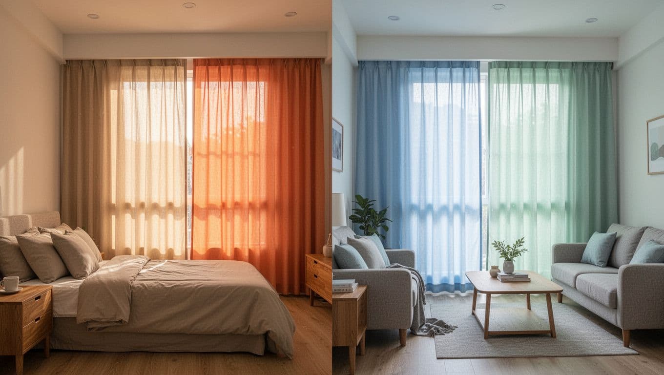 Photorealistic modern Taiwanese apartment interior split into a cozy left bedroom with warm beige-orange curtains filtering golden morning light and a right living room with cool blue-mint curtains diffusing daylight. Precise multi-layer curtains create distinct warm and fresh moods in minimalist decor with no people.