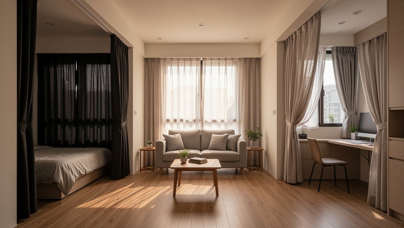 先做重點房間划算嗎?窗簾訂製分期規劃原則 Photorealistic interior of a modern Taiwanese apartment divided into three zones: bedroom with blackout curtains, living area with sheer curtains allowing soft light, and office nook with adjustable dual-layer curtains. Warm afternoon light filters through neutral-toned curtains, wooden floors, and simple furniture with high detail on textures.