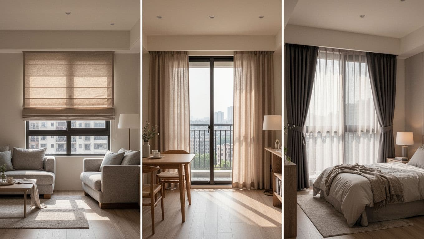 Realistic photo of a modern Taiwanese apartment interior divided into three scenes: living room with halfway raised Roman blinds, dining area with Japanese-style floor-length curtains, and bedroom with double-layer curtains, all in soft morning light with minimalist furniture.