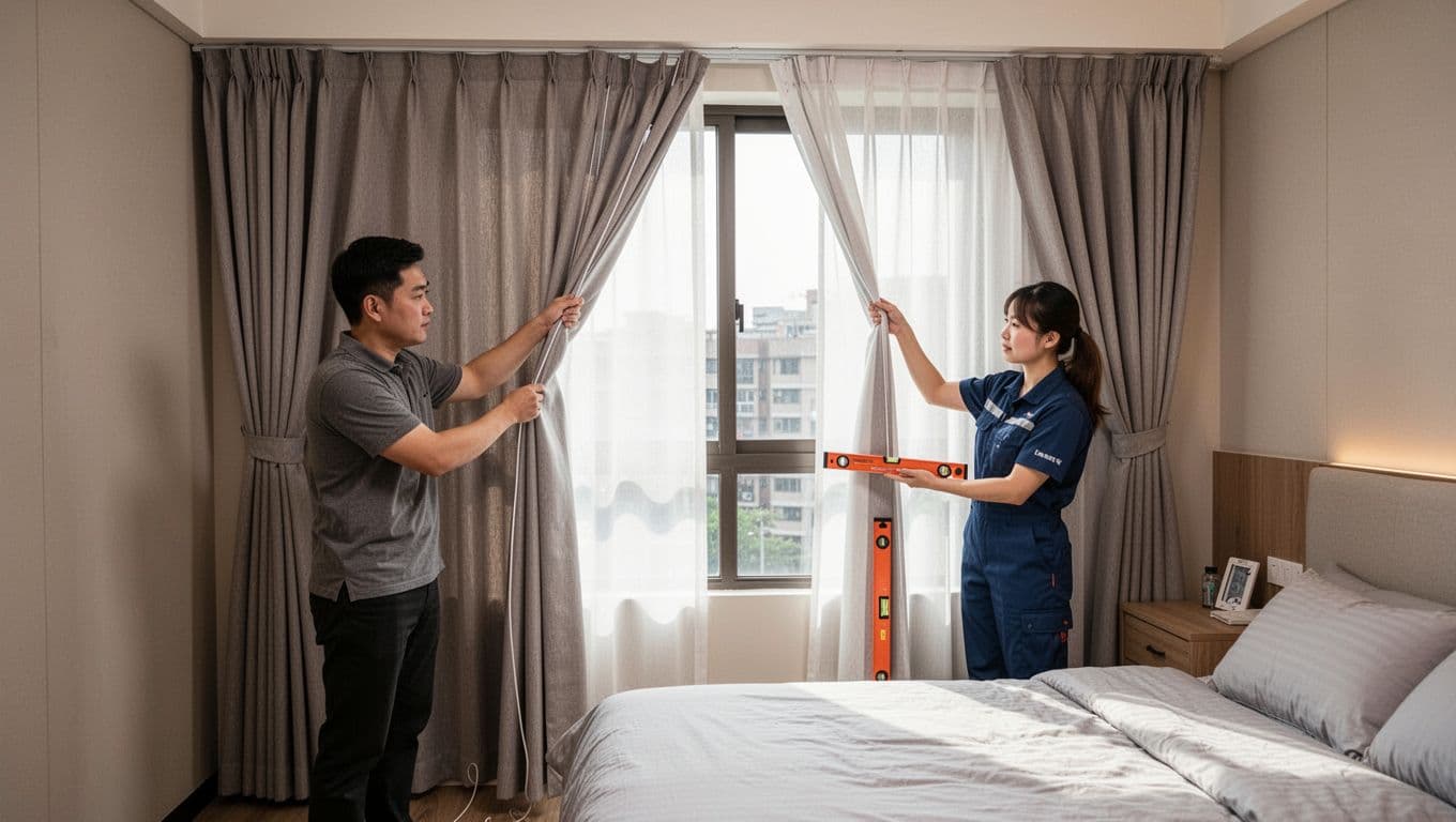 Photorealistic scene of a male homeowner and female installer testing custom curtains in a modern Taiwanese bedroom, with the homeowner pulling the cord and installer using a level tool amid natural daylight and cozy furnishings.