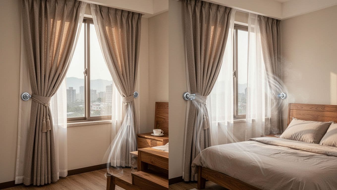 訂製窗簾報價很便宜,可能少了哪些項目 In a cozy modern Taiwanese bedroom, curtains are neatly organized with fabric tie-backs on one window and magnetic holders on the other, enhancing airflow and preventing mess amid soft morning light.