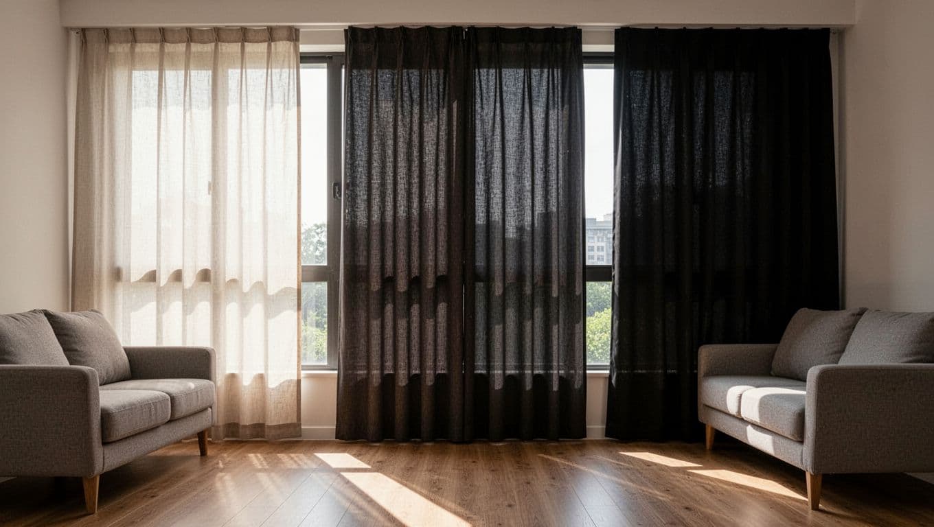 A wide window in a modern Taiwanese living room displays three blackout curtain samples from left to right: light fabric allowing bright sunlight, dark fabric with backing dimming the room, and double-layered achieving near-complete darkness. Detailed fabric textures in foreground with comfortable sofa and wooden floor in natural daylight background.