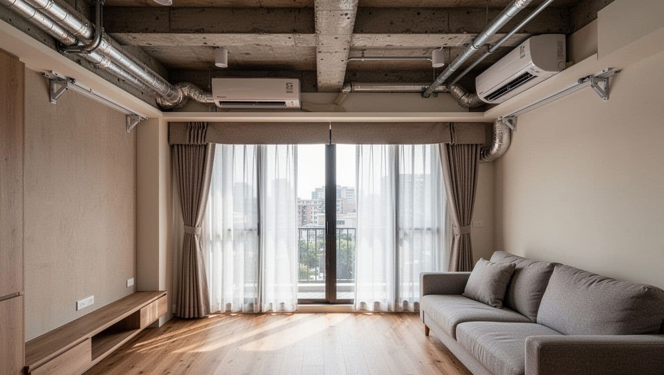 Photorealistic image of a modern Taiwanese home living room showcasing custom curtains with hidden tracks under exposed concrete beams, concealed AC ducts via valance, and adapted rails in a shallow curtain box above a floor-to-ceiling window. Natural daylight filters through half-open curtains, creating a cozy atmosphere on wooden floors and neutral walls with high detail on seamless construction integrations.