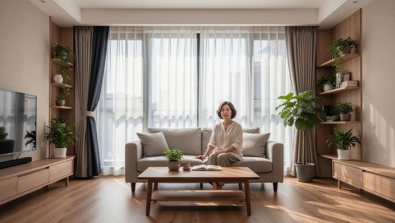先做重點房間划算嗎?窗簾訂製分期規劃原則 A photorealistic modern Taiwanese living room during daytime features large floor-to-ceiling windows with elegant double-layer curtains partially open, allowing soft filtered natural light. A single person sits comfortably on a cozy sofa with a wooden coffee table, potted plants, warm wooden flooring, and neutral beige tones creating a relaxed atmosphere.