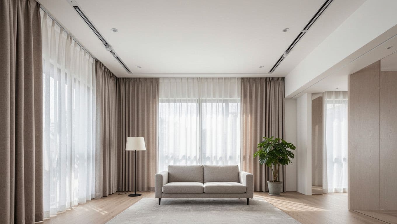 Photorealistic view of a spacious modern Taiwanese living room with hidden ceiling-integrated curtain tracks and thick neutral curtains partially drawn for a seamless look. Minimalist furniture enhances the bright, cozy, airy atmosphere under soft natural light.