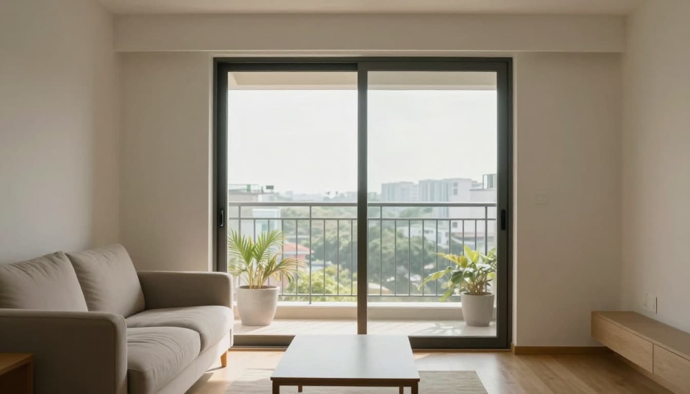A bright living room in a modern Taiwanese home features large sliding windows (2m wide, 1.8m high) to a city balcony with plants, sunlight streaming in softly. Simple sofa and coffee table in foreground, clean realistic photo with warm natural lighting and cozy mood, no people or text.