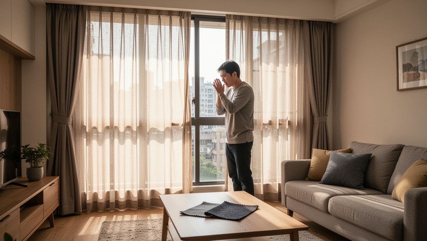 訂製窗簾付款要不要分期?常見流程與判斷要點 Photorealistic daytime scene in a modern Taiwanese living room where a frustrated homeowner stands by a window with thin custom curtains allowing excess light, making the room too bright; a darker fabric swatch sits on a nearby table.