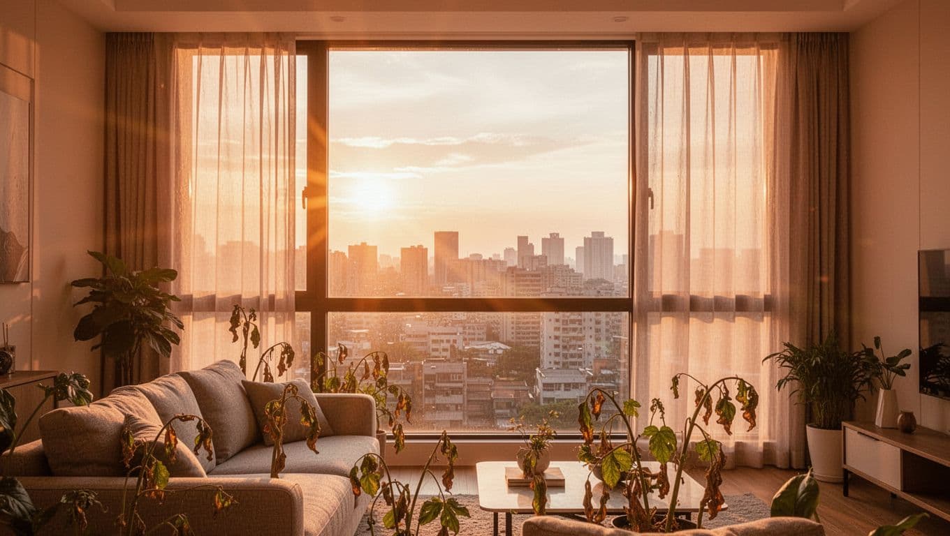 A modern Taiwanese living room with a large west-facing floor-to-ceiling window allowing intense afternoon summer sunlight to pour in, making the space hot and bright with sheer curtains partially drawn. Foreground features a sofa and slightly wilting plants, with a city view in the background.