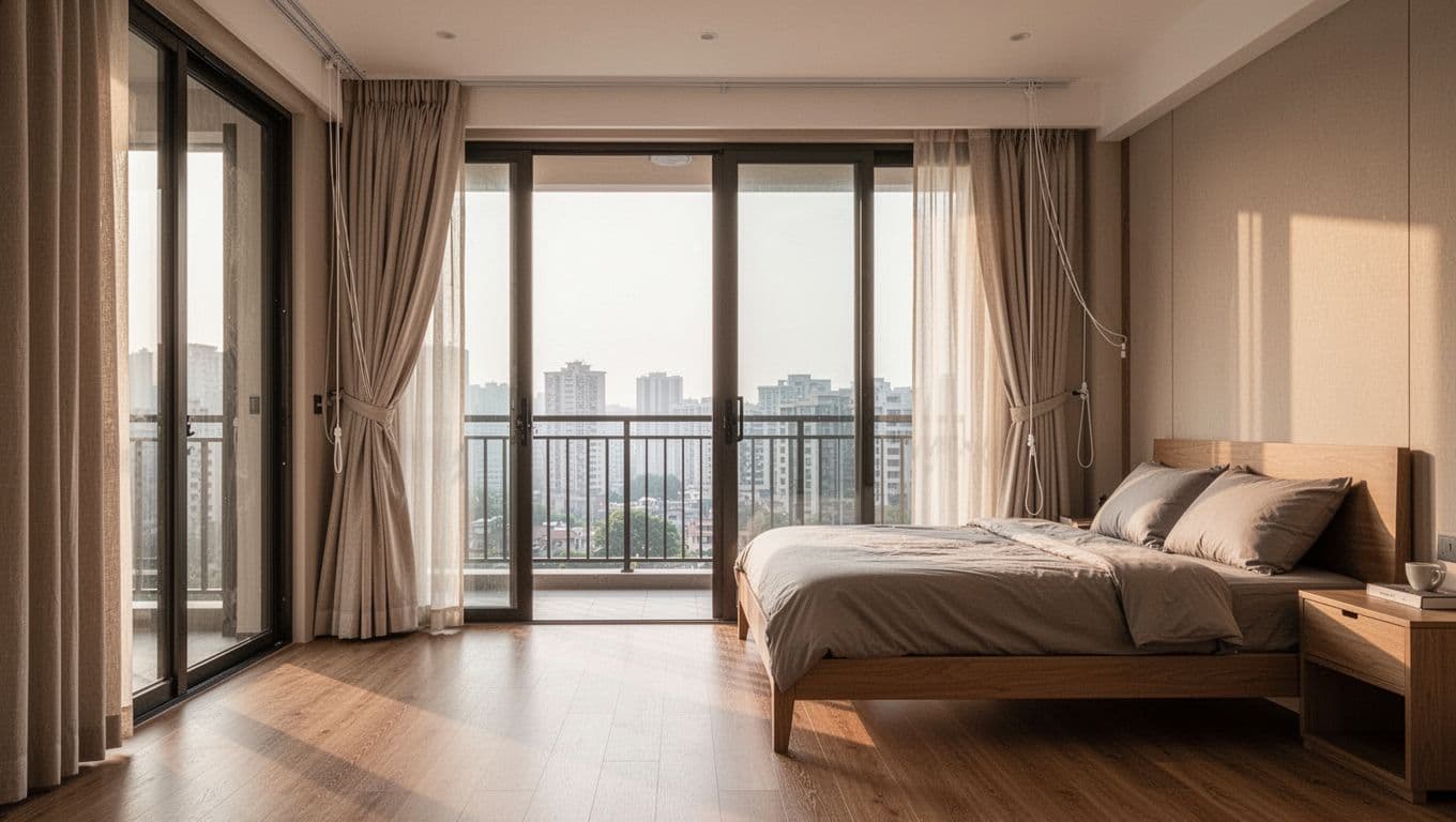先做重點房間划算嗎?窗簾訂製分期規劃原則 Photorealistic image of a modern Taiwanese master bedroom with floor-to-ceiling windows and balcony sliding door, featuring elegant beige curtains opening to the left for a clear unobstructed walkway. Empty room with wooden floor, bed frame, nightstand, and soft morning light emphasizing smooth traffic flow and detailed curtain system.