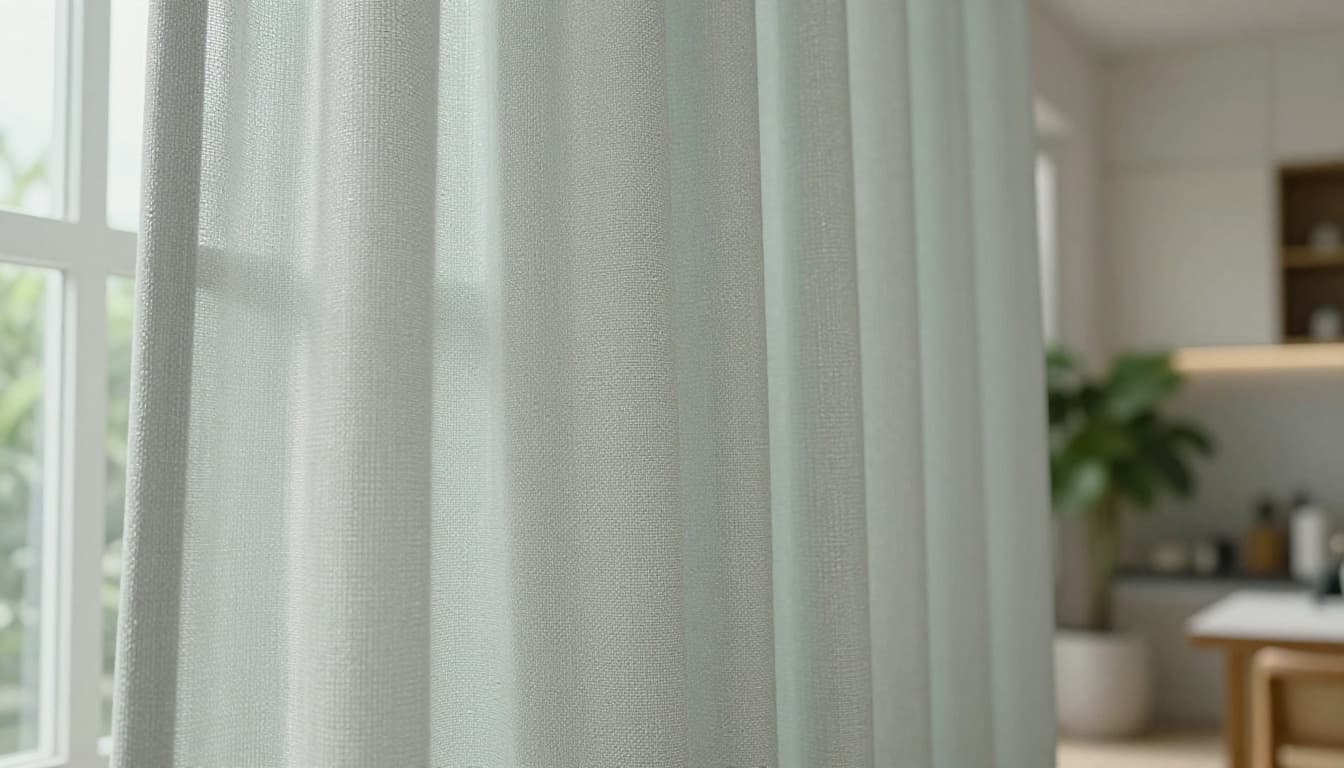 Photorealistic close-up of high-quality eco-friendly curtain fabric hanging in a humid Taiwanese kitchen-living area, displaying a smooth clean surface resistant to mold and bacteria, durable weave with subtle texture under soft natural daylight.
