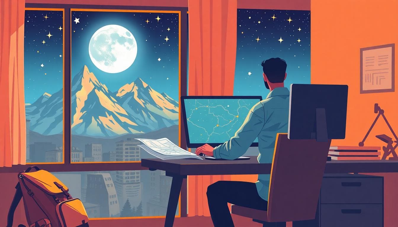A dynamic illustration of a person with Moon in Sagittarius balancing a stable office job and adventure, showing them at a desk with a computer but looking out a window at mountains and stars of the Sagittarius constellation, full moon glowing in the sky. The scene evokes freedom within structure, with elements like a backpack next to the desk and an open map. Foreground focuses on the person multitasking, background includes urban office blending into natural landscape. Style is modern digital art, vibrant colors with fiery oranges and deep blues, mystical yet realistic, no text or watermarks.
