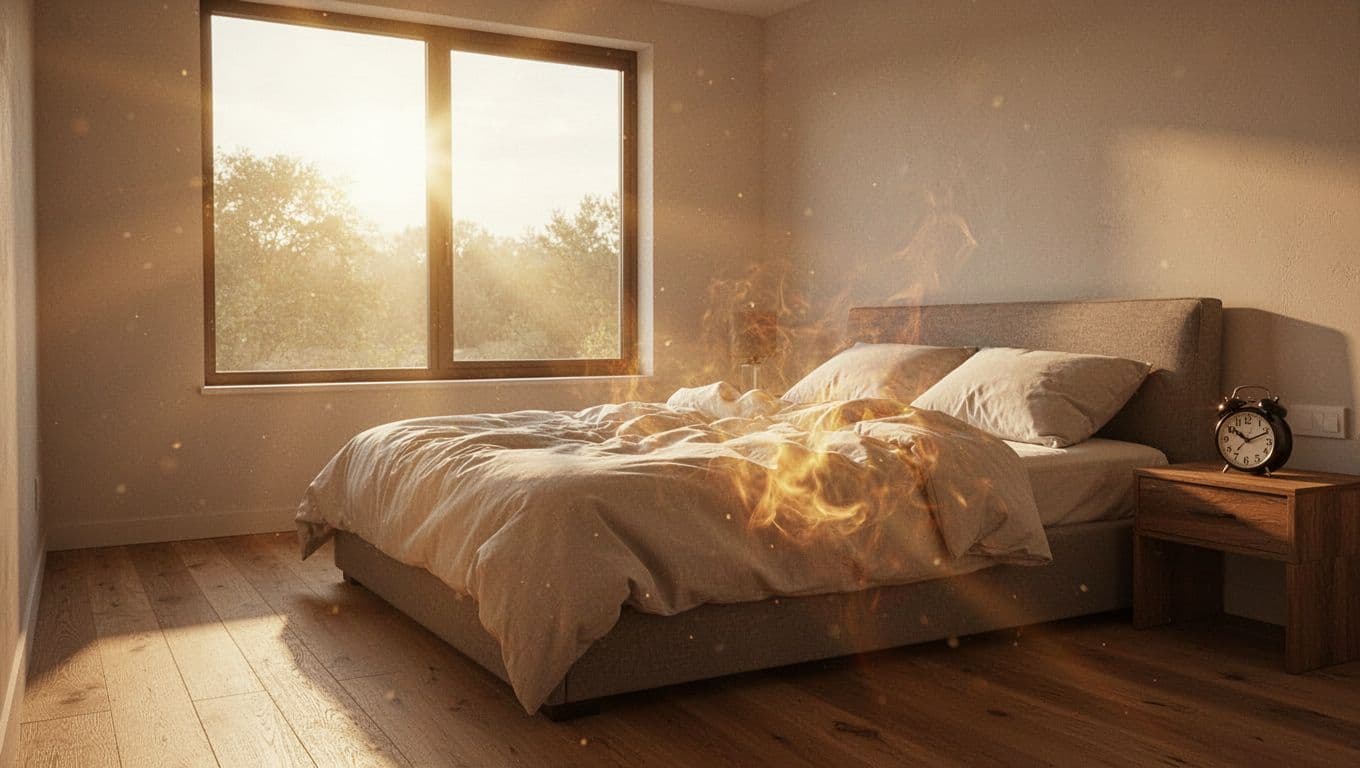 Realistic morning sunlight floods a modern bedroom through a large uncovered window, creating harsh golden rays and strong glare on rumpled white bed sheets, with wooden floor and bedside alarm clock at 5 AM.