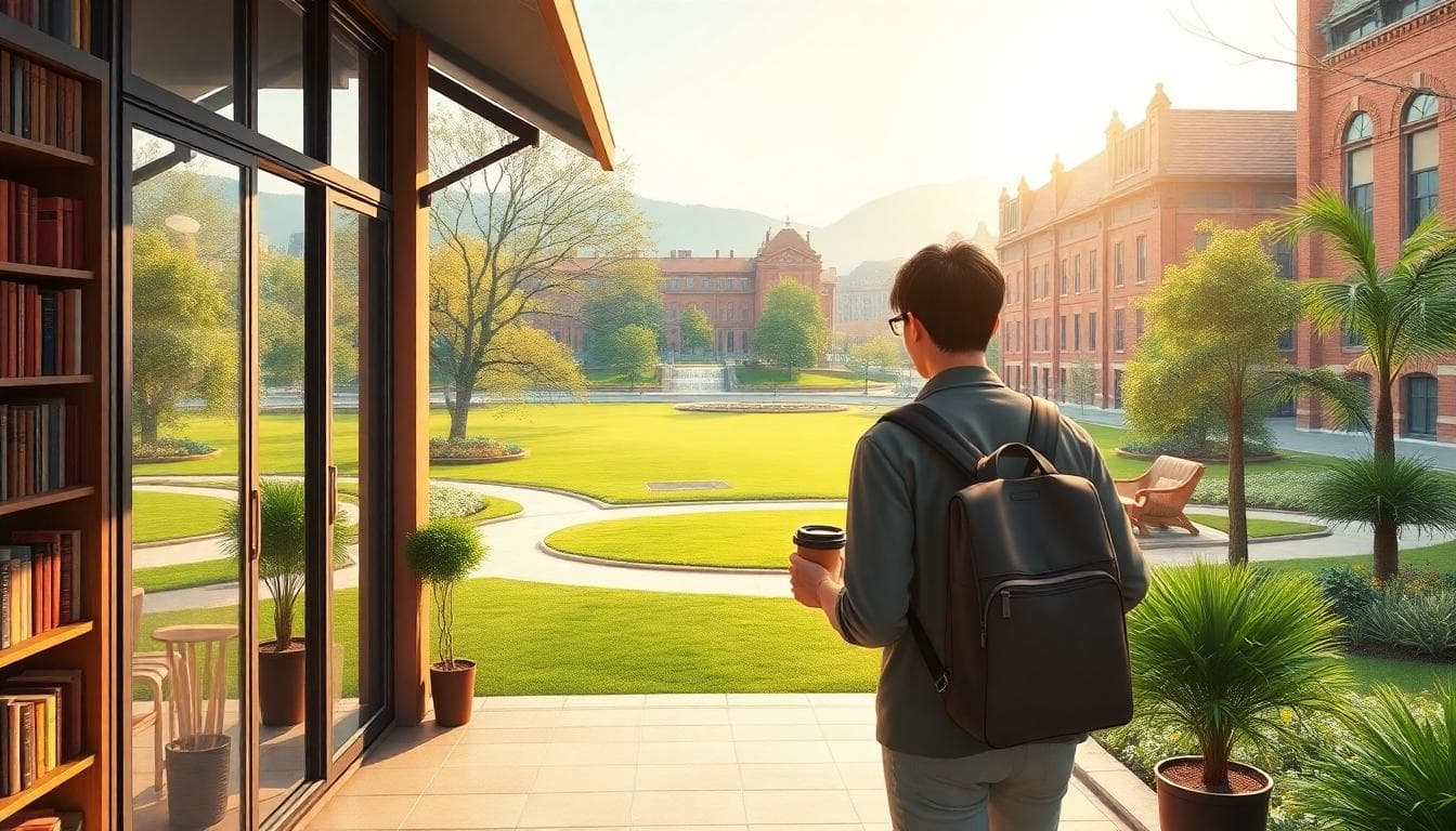 A person carrying a notebook and coffee cup walking from a cozy café with bookshelves towards a scenic park with green lawns, red brick buildings, and a river in the background, under soft morning sunlight, in a realistic style with warm tones, detailed architecture of Taichung-inspired buildings, natural and inviting atmosphere, no text, high resolution.